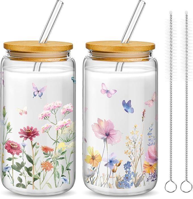 Mumufy 2 Pack Wildflower Glass Cups Gift Aesthetic Cute Glass Cup Tumbler by Mumufy