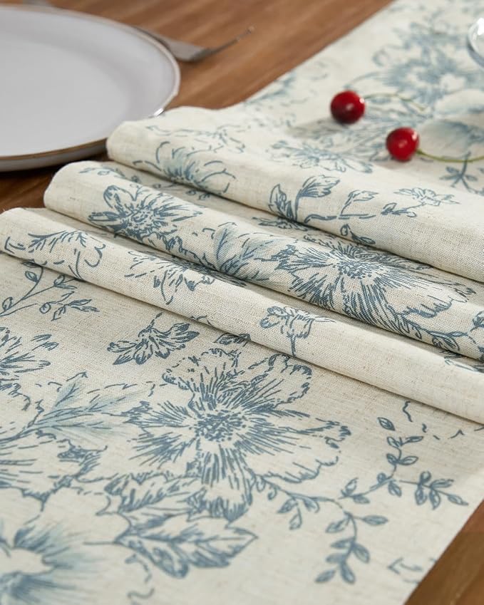 jinchan Blue Floral Linen Table Runner 13 x 72 Inch Rustic | Blooming floral - Image 6