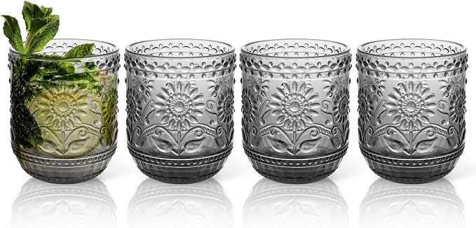 Topsky Vintage Drinking Glass Set of 4, 12 oz Embossed Floral Drinkware Set by HomeandKitchenNO1