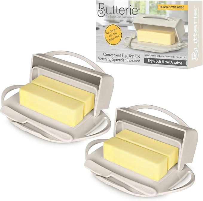 Flip Top Butter Dish with Attached Lid & Matching Knife, 2 Pack by Butterie