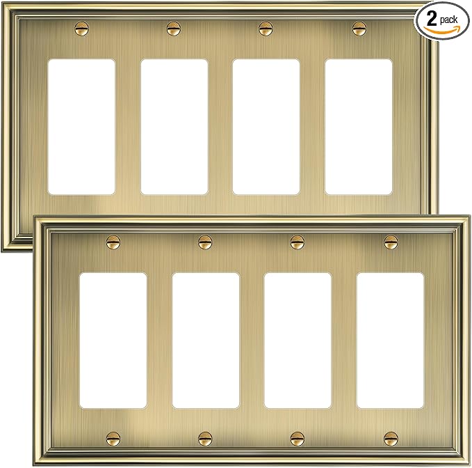 2-Pack Quad Decorator Cover Plate, Zinc Alloy Decorative Antique Brass Switch Plates and Outlet Covers, 4 Gang Wall Plate for Electrical Outlets, Receptacle, GFCI Outlet, Dimmer Switch