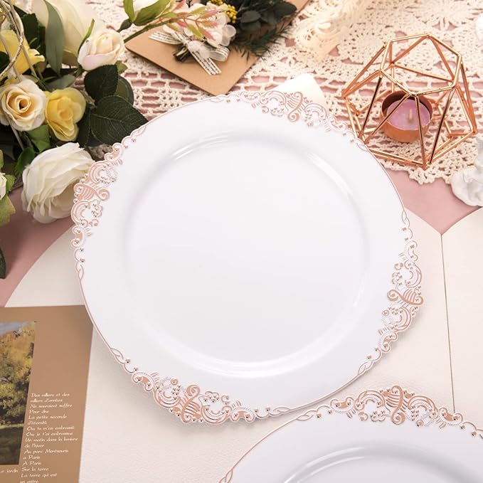 Morejoy 100pcs Plastic Plates - Disposable - 7.5 inch White and Rose Gold Dessert Plates for Weddings & Parties & Shower