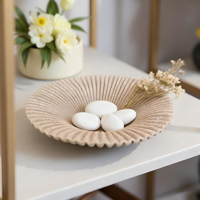 Decorative Bowl decor Tray, Scalloped Pedestal Bowls for Modern Home Decor,Ruffle Decor,Stylish Key Bowl for Entry Table,Decorative Fruit Bowl for Kitchen Counter,Artificial Stone Beige