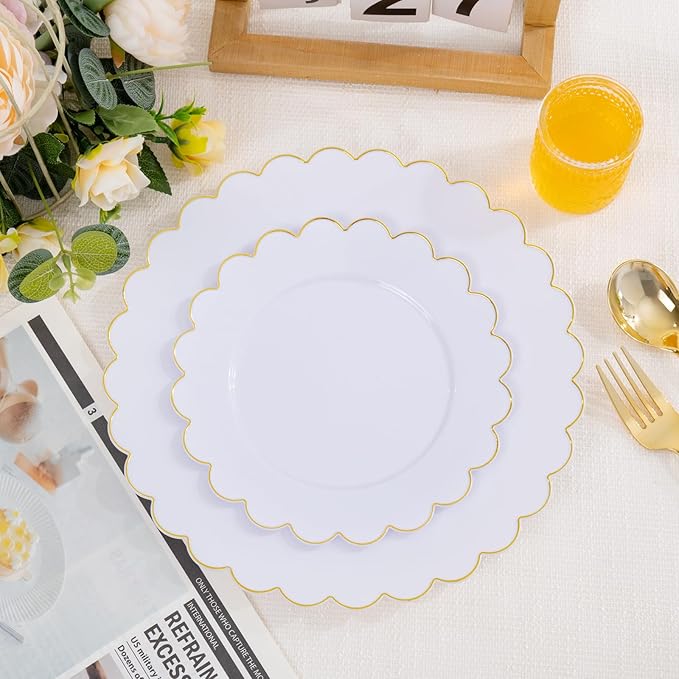 LIYH 120 Pcs White Plastic Scalloped Plates - Gold Fancy Disposable Plastic Plates Includes 60 Dinner 10.25" & 60 Dessert Plate 7.5" Elegant Gold Rim for Party Birthday Valentines Day