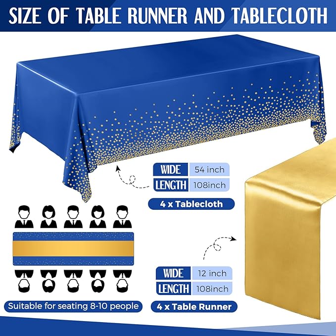 Breling 8 Pack Navy Blue and Gold Disposable Plastic Tablecloths and Satin Table Runner Set, 54 x 108 Inch Tablecloth, 12 x 108 Inch Table Runners for Wedding Graduation Birthday Baby Shower New Year