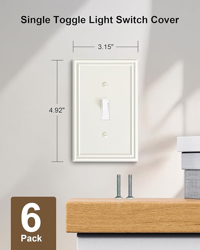 6-Pack Single Toggle Light Switch Cover Plate, Durable Solid Zinc Alloy Decorative Switch Plate Covers, Light Almond 1 Gang Wall Plate, Corrosion Resistant