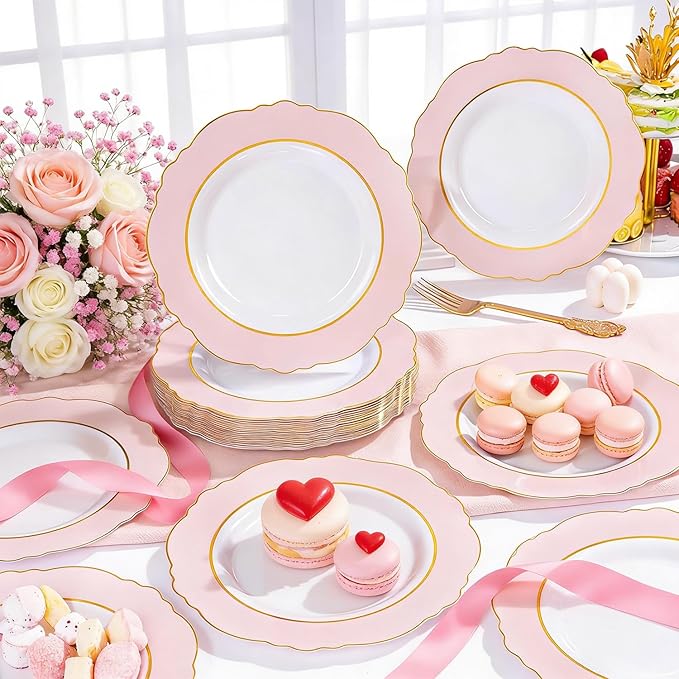 WDF 60pcs Pink Dessert Plates - 7.5inch Baroque Pink &White Disposable Dessert/Appetizer Small Cute Cake Plates for Upscale Parties &Wedding-Special for Baby Shower, Brithday, Valentine's Day