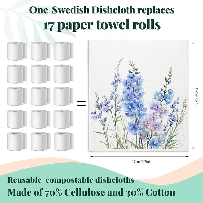 Spring Floral Swedish Dishcloths for Kitchen, Swedish Dish Cleaning Cloths for Lavender, Papaya Reusable Paper Towels, 4 Pack Dish Towels for Kitchen, Reusable Paper Dishcloths Washable