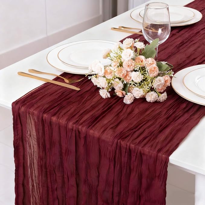 Burgundy Red Fall Thanksgiving Cheesecloth Table Runner 13.3FT Long Boho by TuTive