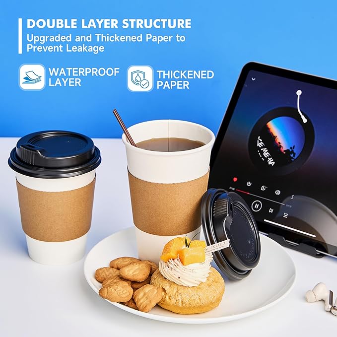 RACETOP 16 oz 100 Pack Disposable Paper Coffee Cups with Lids, Sleeves and Stirrers, Hot Cups, Paper Cups with Lids, Sleeves and Stirrers, Ideal for Home/Office