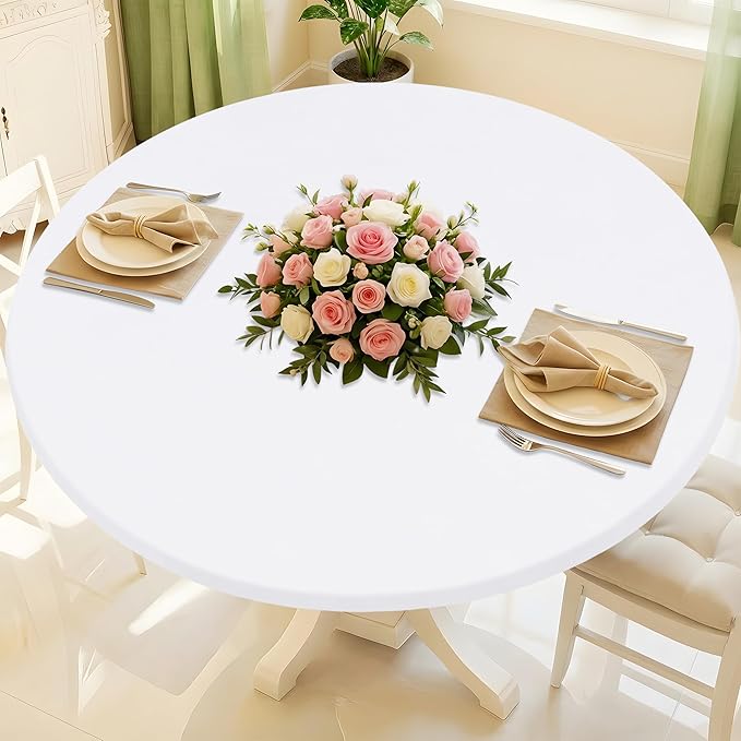 Round Spandex Tablecloth, Elastic Fitted Waterproof Tablecloths for 25"-30" Tables, Stretch Washable Picnic Table Cover for Camping, Dining, Indoor and Outdoor, White