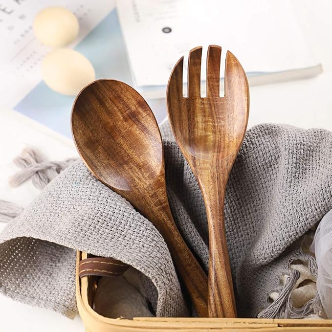 Wooden Salad Servers, 10.2" Acacia Wood Salad Fork & Spoon - Image 7