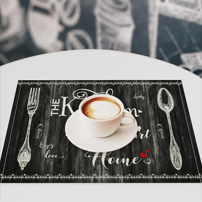 Vintage Farmhouse Placemat Set, Minimal Black White Rural Plank Art Sketch Cutlery Knife Fork Inspirational Quotes Pattern Home Decor Linen Table Mats for Dining Room Kitchen Party (17x12in) x6P
