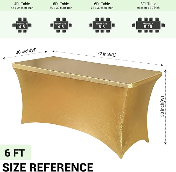 Obstal 6 Pack Stretch Spandex Table Covers for 6 Foot Tables - 6 FT Universal Rectangular Fitted Tablecloth Protector for Wedding, Banquet, Party (Stamping Gold, 72 L x 30 W x 30 H Inches)