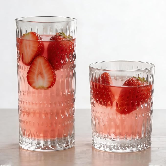 Loivttvv Glassware Drinking Glasses Set of 8, 14 oz Highball Glasses & 10 oz by Loivttvv