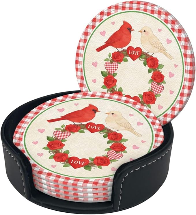Love Rose with Birds Leather Coasters Set of 6 with Holders - Image 2