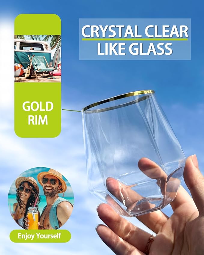 40 Pack Plastic Wine Glasses, 12 Oz Disposable Cocktail Whiskey Glasses | Gold - Image 3