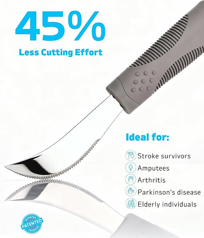 4-Piece Weighted Adaptive Utensils Set with Rocker Knife & Shovel Spoon - 3 oz Weighted Silverware for Hand Tremors, Parkinsons Utensils, Easy Grip Handles for Arthritis and Elderly (Grey)