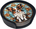 Drink Coaster Set of 6, Papillon Dog Mom Lover Gift,Leather Drink Coasters with Holder,6 Pack Cup/Bar/Drink Coasters for Table/Drinks/Coffee Protection Housewarming Gift