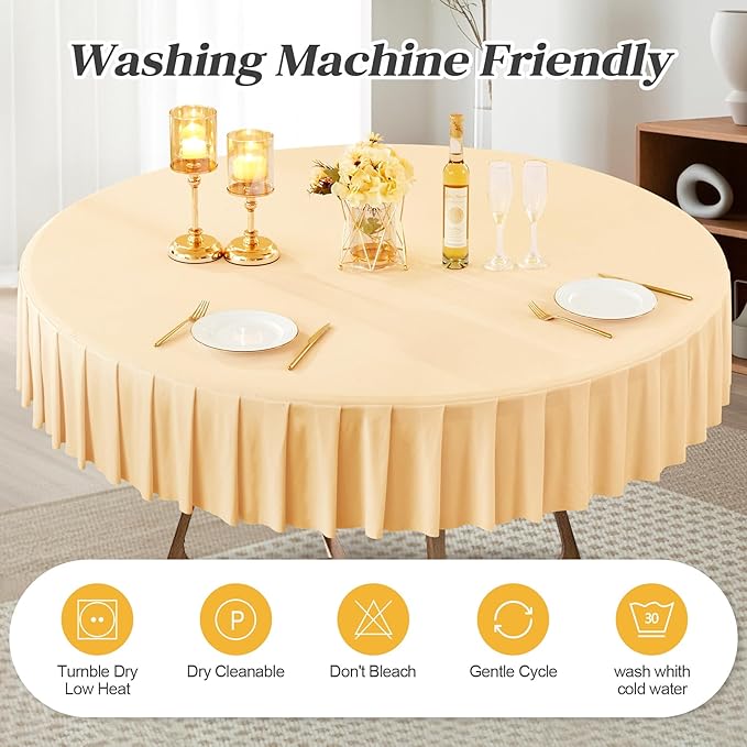 1 Pack Champagne Spandex Round Tablecloths for 60 inch Table, Stretchy Fitted 5FT Round Table Cloths,Wrinkle Free Table Cover with Skirt for Wedding Party Dining Banquet