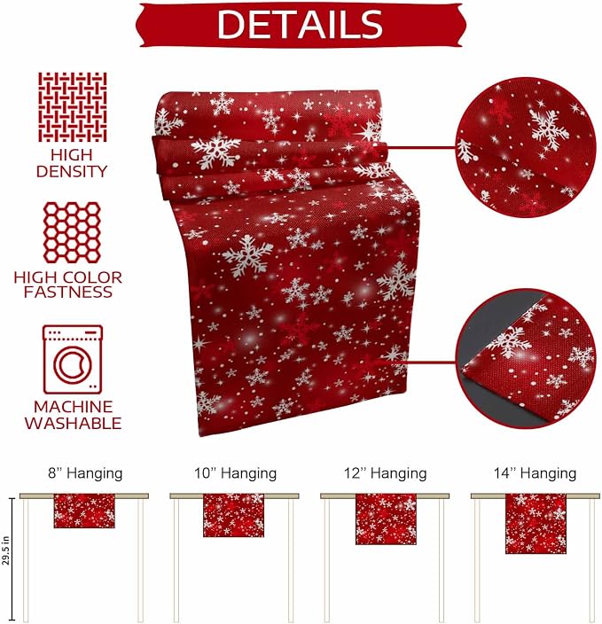 Red Christmas Table Runners 60 Inches Long, Cotton Linen Fabric Snowflake Table - Image 8