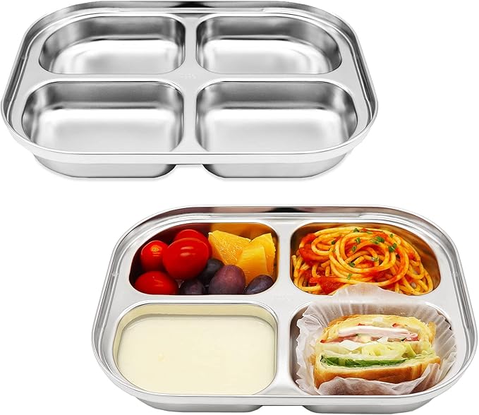Korean Stainless Steel Divided Plates for Toddlers, Kids, Babies, Premium 304, Electro-Polished, No Black Residue, BPA-Free, 4-Compartment Food Tray, Camping, Balanced Meals, Set of 2