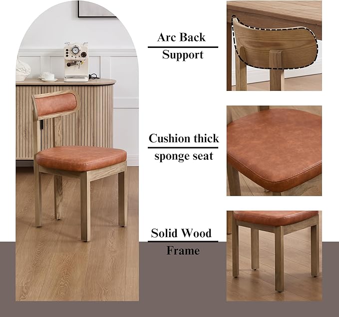 Brown Dining Chairs Set of 2, Mid Century Modern Leather Dining Room Chairs with Curved Back, Armless Kitchen Chairs for Living Room/Restaurant/Balcony/Bedroom/Home Desk/Task