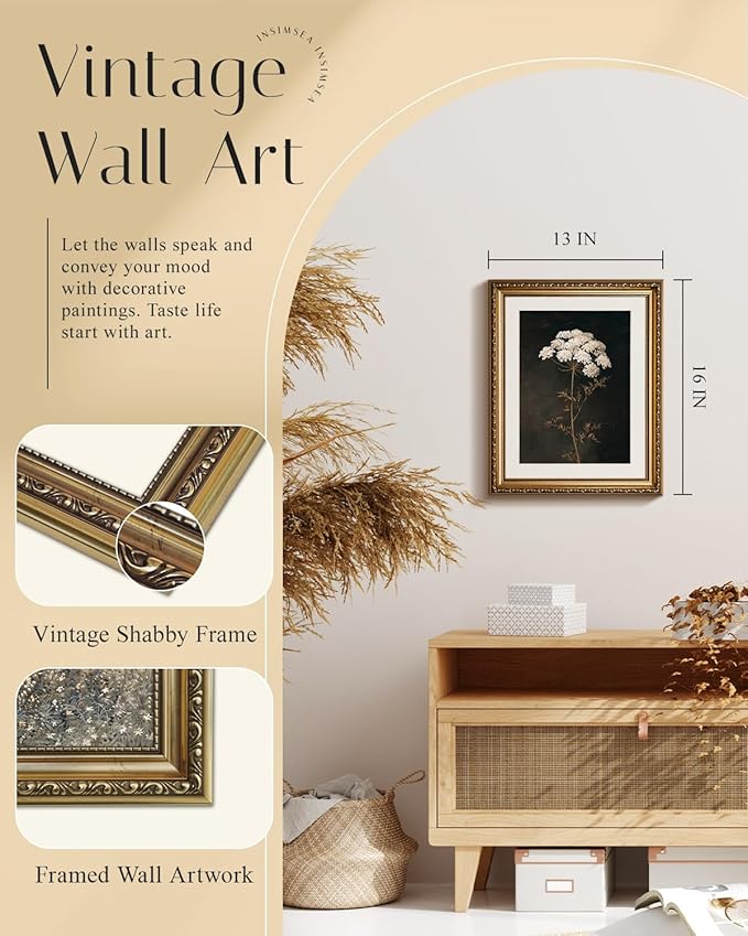 InSimSea Gold Picture Framed Wall Art, Living Room Vintage Dark Flower Wall Decor, Moody Floral Botanical Canvas Print Art, Home Farmhouse Decor, Antique Paintings with Frame 13x16inch