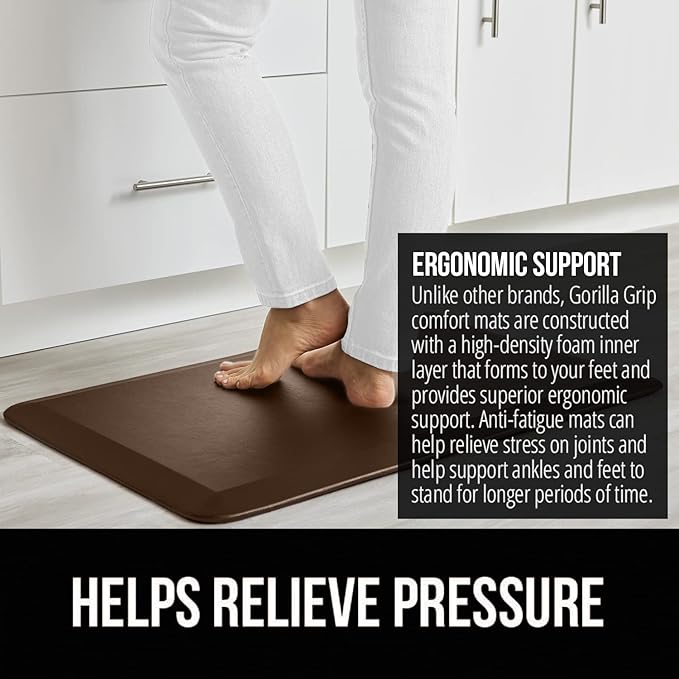 GORILLA GRIP Comfortable Cushioned Kitchen Mats for Floor, 70x24, Waterproof and Stain Resistant Soft Top, 3/4 Inch Thick Ergonomic Standing Desk Anti Fatigue Mat, Foam Supports Ankles and Feet, Brown