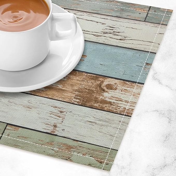 Rustic Plank Placemat Set, Vintage Old Shabby Colorful Beige Green Blue Farmhouse Barn Wooden Board Pattern Home Decor Linen Table Mats for Dining Room Kitchen Party (17x12in) x4P