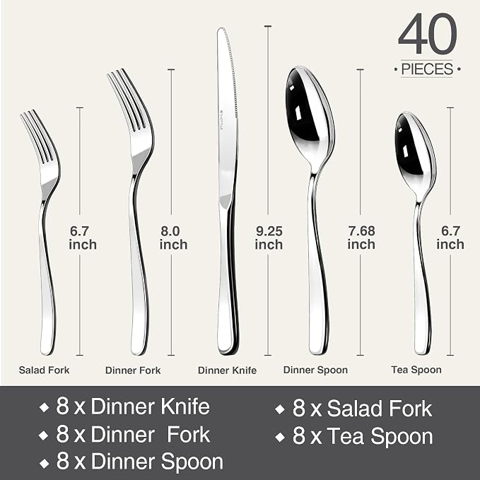 18/10 Silverware Set for 8, 40 Piece Stainless Steel Flatware Set Cutlery | - Image 7