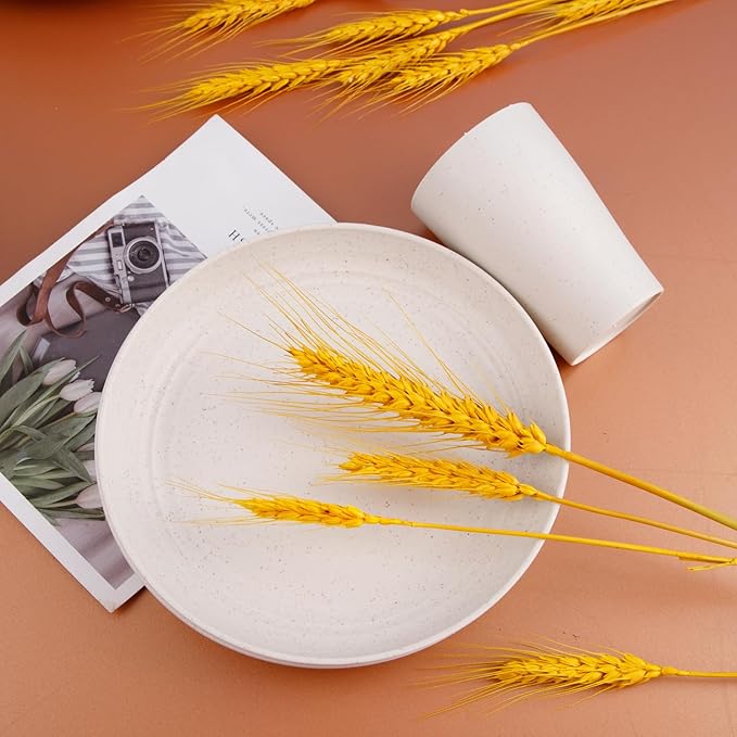 Supernal Wheat Straw Dinnerware Sets,Dish Sets for 8,Plates and Bowls Set Dishwasher Safe,Unbreakable Dinnerware,Reusable Plastic Plates,Beige Color 16pcs Plates, 8pcs Bowls, 8pcs Cups.