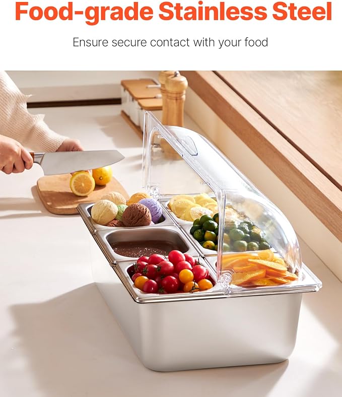 VEVOR Countertop Food Serving Display Container, 6 Pan Stainless Steel Food - Image 2