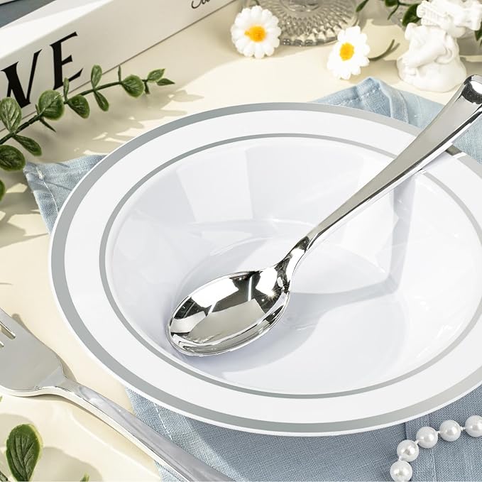 BESTVIP 50 Pack Plastic Bowls with Silver Rim, 12 oz Disposable Soup Bowls, Heavy-duty Dessert Salad Bowl for Party, Wedding, Christmas, Catering and Dinner