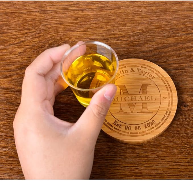Personalized Bamboo Coasters, Custom Engraved Monogram Coasters with Holder, Great Gifts for Relatives, Friends or Yourself (Set of 6)