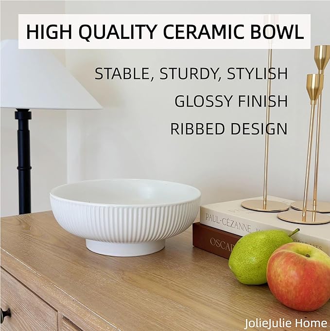Ceramic Fruit Bowl,10.5" Decorative Bowl, White Fruit Bowl for Kitchen Counter, Purse Bowl, Key Bowl, Kitchen Island Décor, Centerpiece for Dining Table (White)