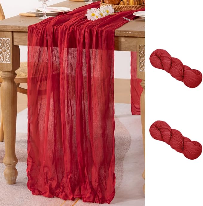 2 Pack Red Cheesecloth Table Runner 10ft Boho Gauze Annniversary Decor | by MLMC