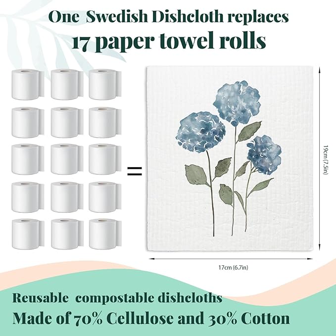 Spring Floral Swedish Dishcloths for Kitchen, Swedish Dish Cleaning Cloths for Flowers, Papaya Reusable Paper Towels, 4 Pack Dish Towels for Kitchen, Reusable Paper Dishcloths Washable