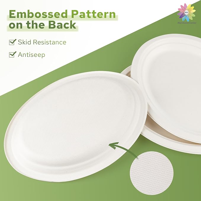 Mat Board Center, 12.5x10 Inch, 500-Count, Compostable Plates, Natural Bagasse (Sugarcane Fiber), Everyday Tableware - Disposable - Oval Shape - Microwave-Safe - Gluten-Free - Eco-Friendly
