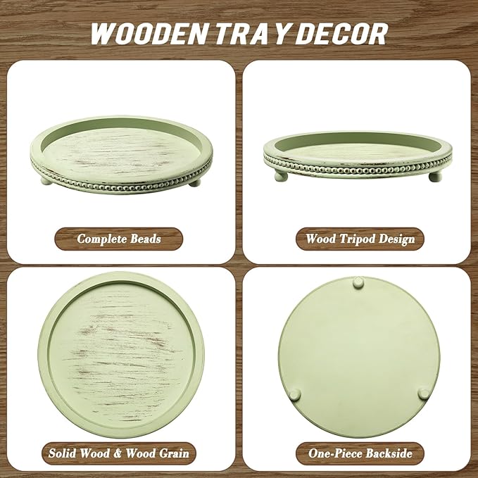 KULEDM Handmade Wooden Decorative Tray, Small Beaded Coffee Table Tray Decor, Sage Round Serving Tray for Coffee Table, Dining Room Table Entryway and Living Room Table