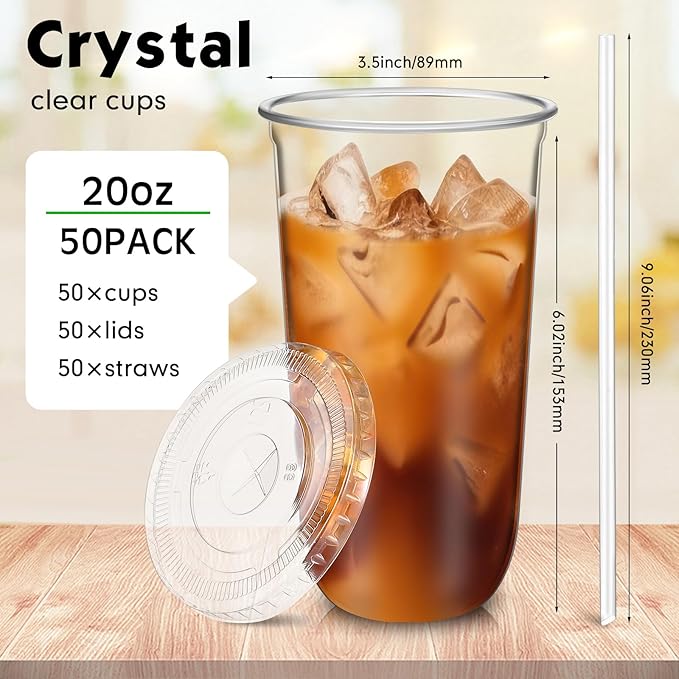 50 Sets Clear Plastic Cups with Lids and Straws, Disposable Iced Coffee Cups Drinking PET for Cold Drinks, Juice, Smoothie, Coffee Shops, Party, Christmas(Clear,20 oz)