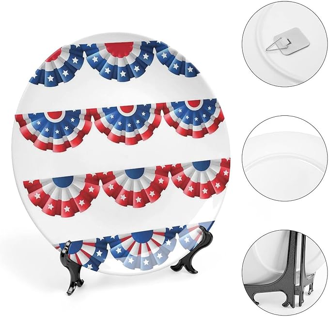Ceramic Plates, American Flag Decor Decorative Ceramic Plates, Flag Round Bunting Election Ornament Pattern, 7 Inch, Household Plates Decorative, Blue Red