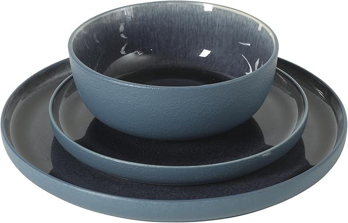 Gibson Elite Tahoe Sunset 12-Piece Reactive Stoneware Dinnerware Set – Matte Exterior & Shiny Interior Plates and Bowls, Durable Everyday Dish Set, Microwave & Dishwasher Safe - Blue