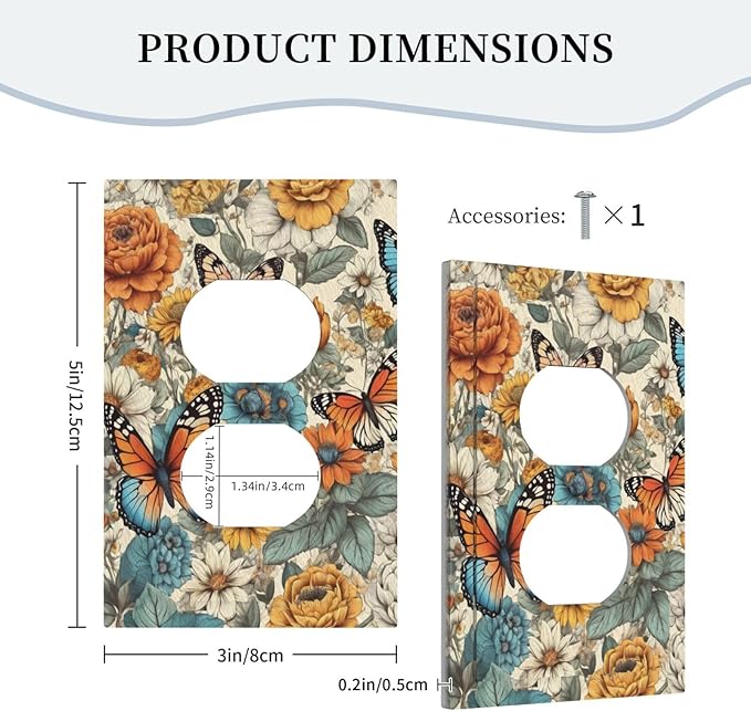 Outlet Covers Vintage Colorful Floral Butterfly Flowers 1 Gang Duplex Light Switch Cover Plate Decorative Wall Plates Electrical Switchplate Receptacle for Bathroom Bedroom Decor（2 Pack）