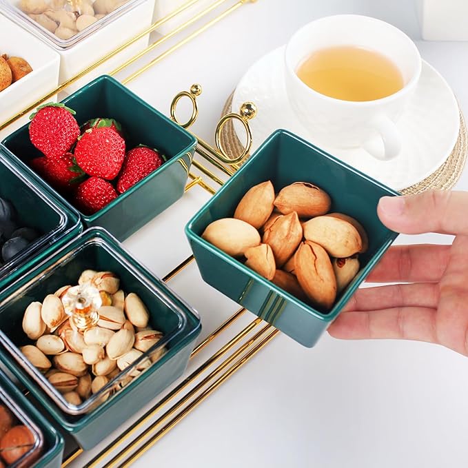 YA JU Ceramic small Snack bowl With Cover Metal Tray, 4 Removable dip bowls are used For Snack, potato chips, fruits, candies, and condiments - Perfect for birthday, parties, Holiday, gift，Green