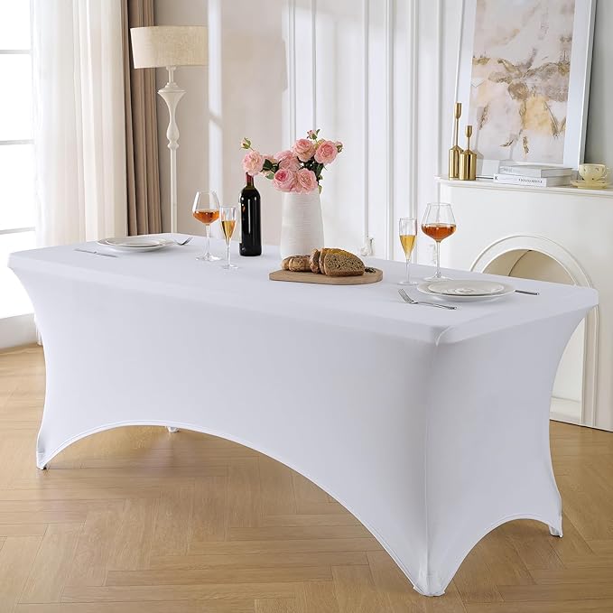 VidaFete Spandex Tablecloth 2 Pack 4FT, Fitted Stretch Table Cover for Rectangle Tables, Wrinkle Resistant and Washable Tablecloths for Outdoor, Picnic, Party, Wedding, Banquet, Birthday, White