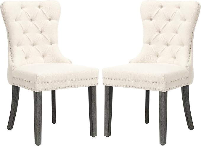 KCC Boucle Dining Chairs Set of 2, Upholstered High-end Tufted Dining Room Chair with Nailhead Back Ring Pull Trim Solid Wood Legs, Contemporary Nikki Collection Modern Style for Kitchen, Cream