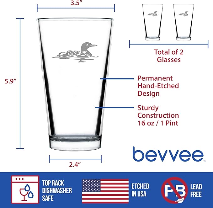 Bevvee Loon Pint Glass for Beer - Fun Bird Themed Gifts and Decor for Men & Women - Set of 2-16 oz Glasses