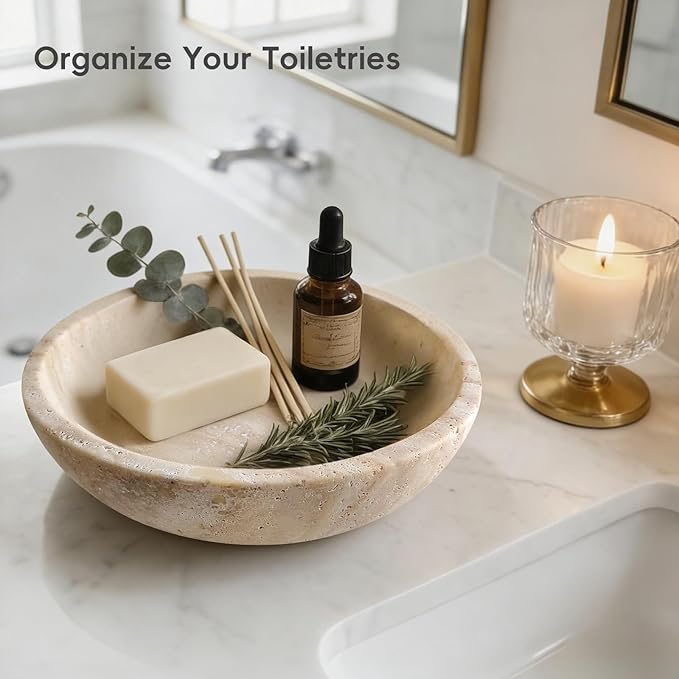 Marble Decorative Bowl for Kitchen Counter, Natural Travertine Serving Bowl with,Modern Display Bowl for Dining Table Centerpiece Home Decor(7.8 Inch)