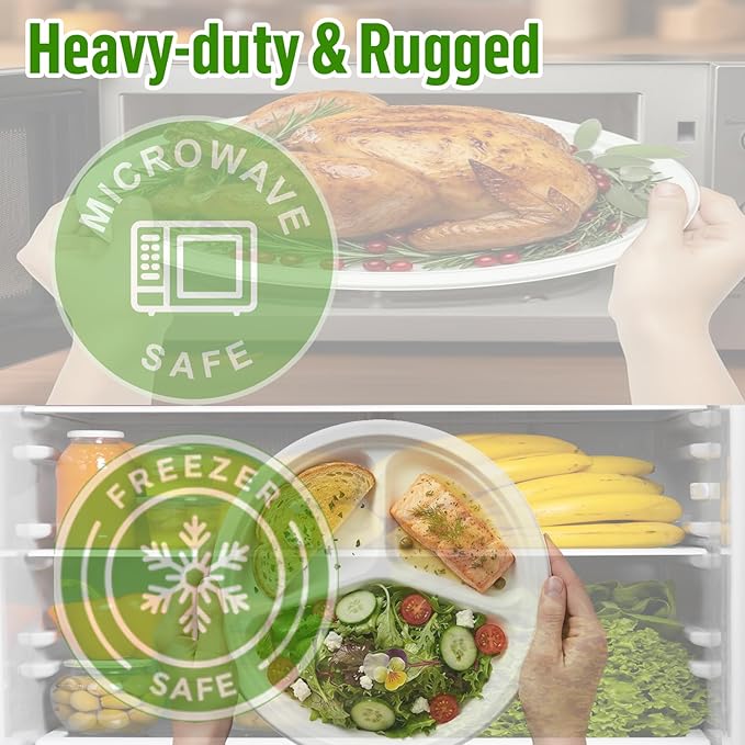 3 Compartment Compostable Heavy Duty Disposable Paper Plates, 75 Count | 10 Inch Round | Natural Bagasse, White Biodegradable Eco-Friendly School Lunch, Buffet, Party Sugarcane Tray